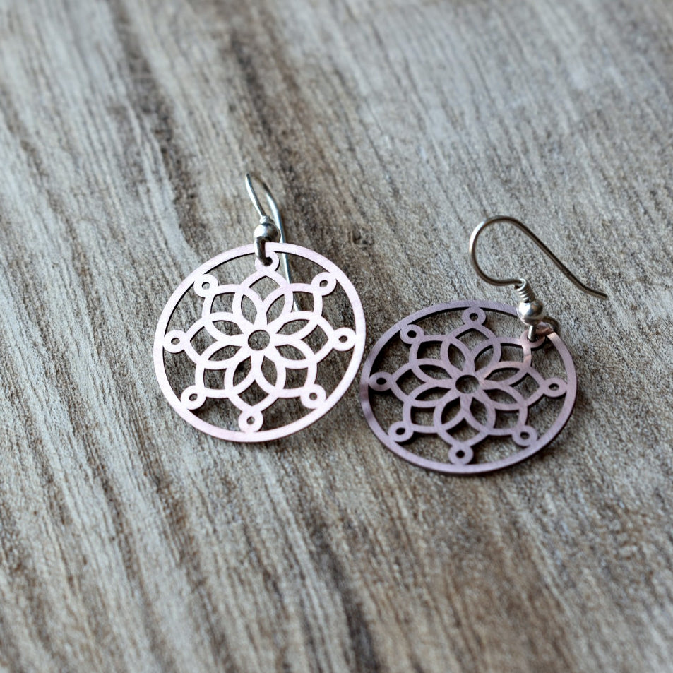 Floral filigree circular disc hook earrings