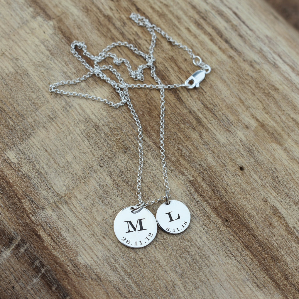 Engraved letter & date disc pendant