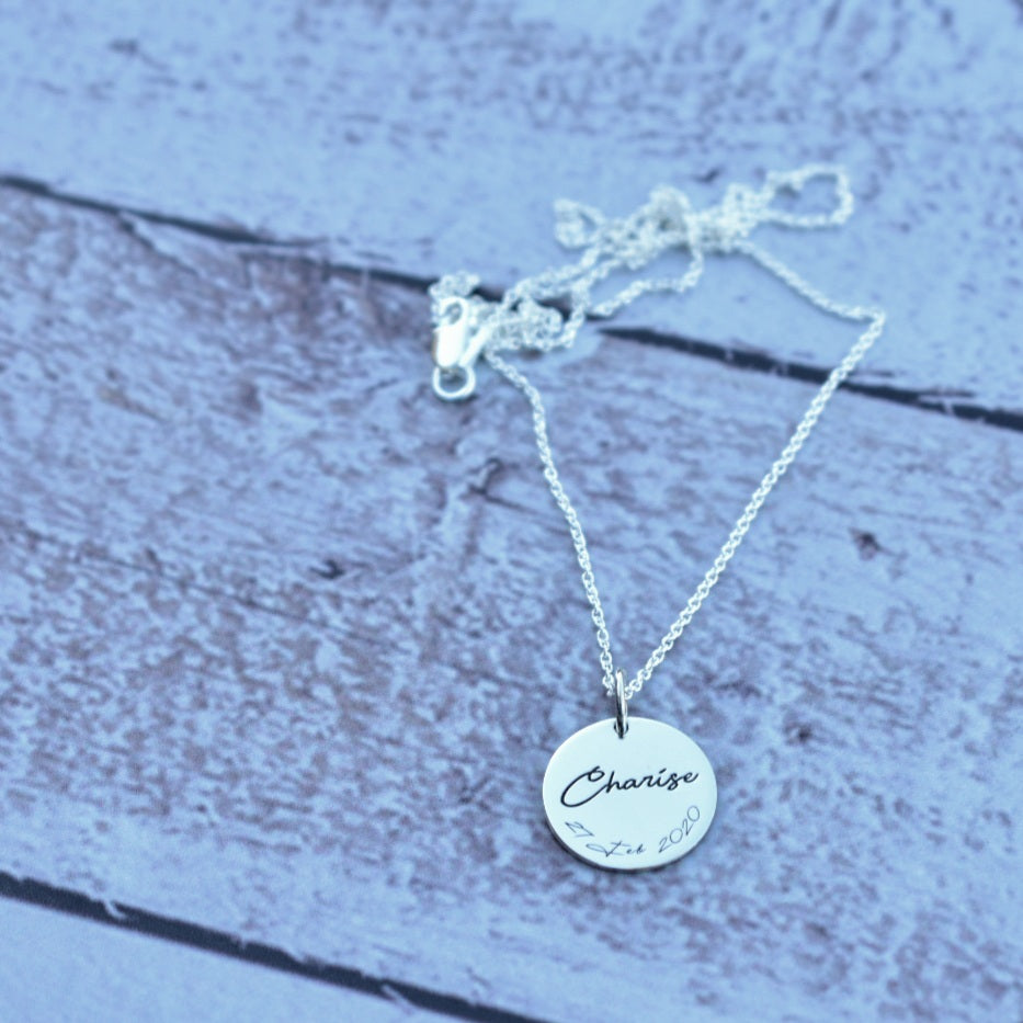 Engraved name & date disc pendant