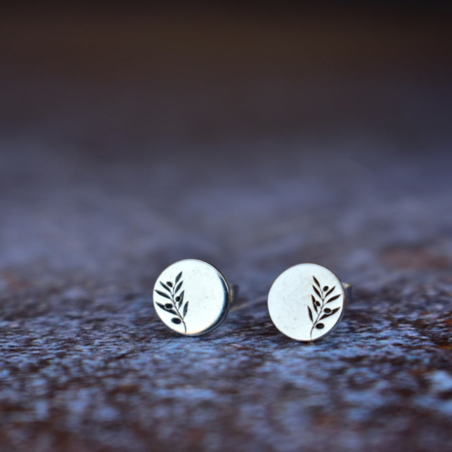 Olive branch engraved disc studs
