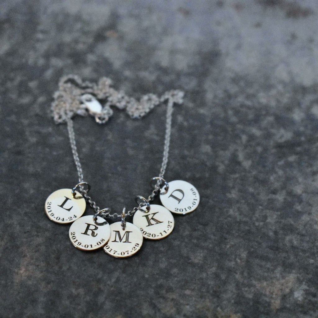Engraved letter & date disc pendant