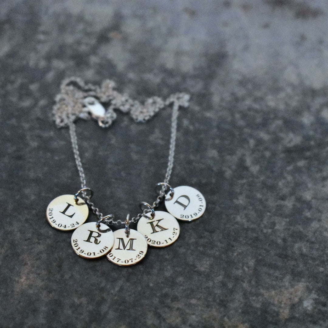 Engraved letter & date disc pendant