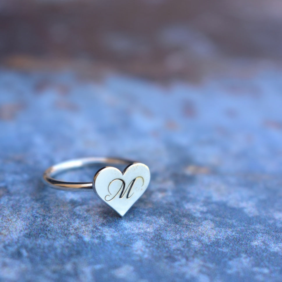 Engraved letter heart ring