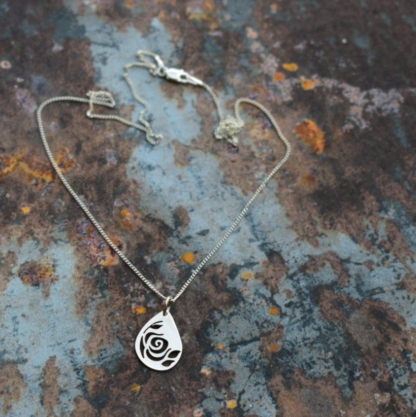 Rose filigree teardrop pendant